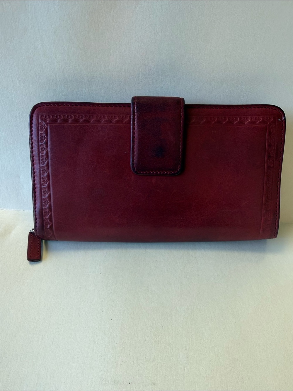 Vintage Deep Red Leather Zip-Around Wallet with Lots of Pockets.